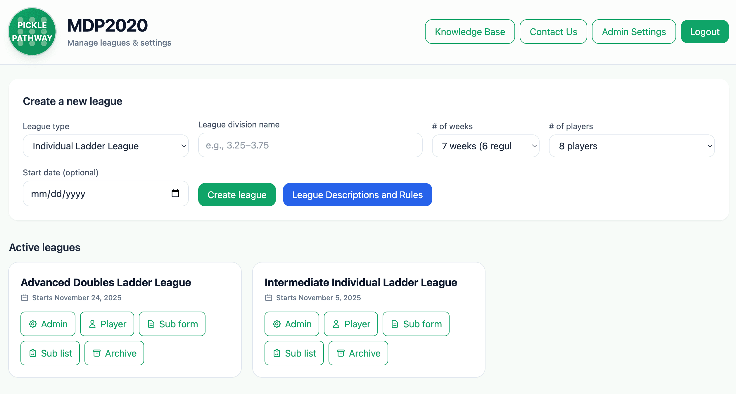 Pickle Pathway dashboard showing league management
